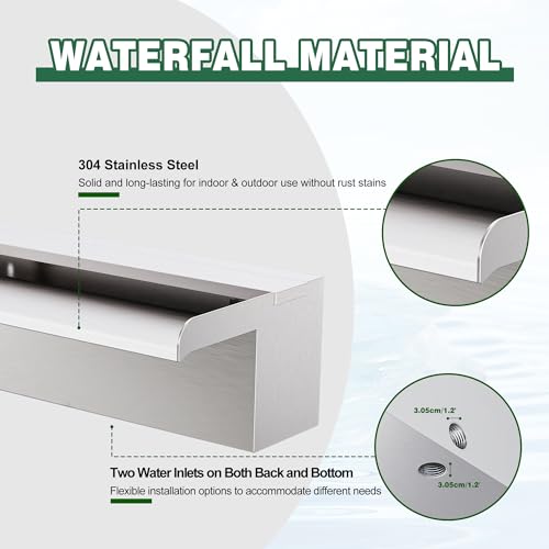 LONGRUNNEW Waterfall Pool Fountain LONGRUNNEW 304 Stainless Steel 11.8" Rectangular Waterfall Spillway, Water Fall Fountain with Pipe Connector for Garden Outdoor, Swimming Pools, Fountains, Pond and Spa - Image 3