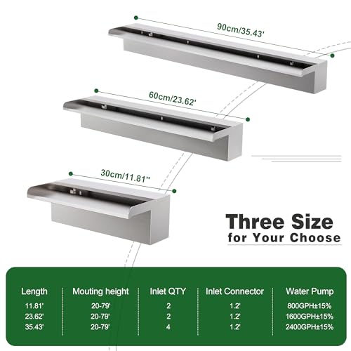 LONGRUNNEW Waterfall Pool Fountain LONGRUNNEW 304 Stainless Steel 11.8" Rectangular Waterfall Spillway, Water Fall Fountain with Pipe Connector for Garden Outdoor, Swimming Pools, Fountains, Pond and Spa - Image 4
