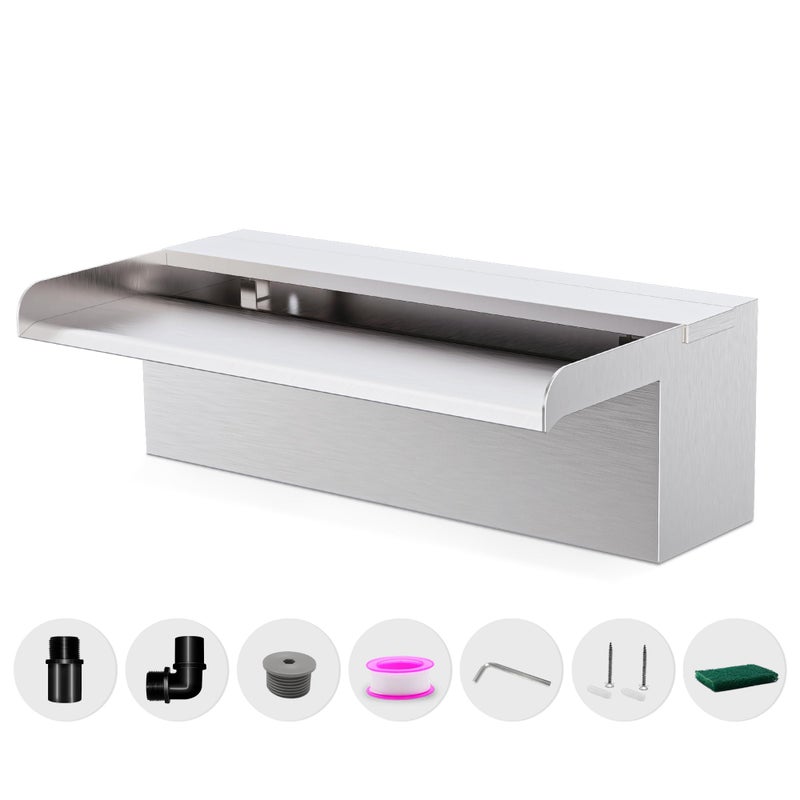 LONGRUNNEW Waterfall Pool Fountain LONGRUNNEW 304 Stainless Steel 11.8" Rectangular Waterfall Spillway, Water Fall Fountain with Pipe Connector for Garden Outdoor, Swimming Pools, Fountains, Pond and Spa - Image 5
