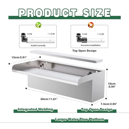 LONGRUNNEW Waterfall Pool Fountain LONGRUNNEW 304 Stainless Steel 11.8" Rectangular Waterfall Spillway, Water Fall Fountain with Pipe Connector for Garden Outdoor, Swimming Pools, Fountains, Pond and Spa - Image 2