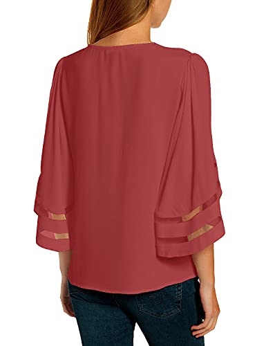 LookbookStore Women's Casual Summer Strappy Vneck Mesh Panel 3/4 Bell Sleeve Loose Shirt Top Blouses Tea Rose Size Large - Image 2
