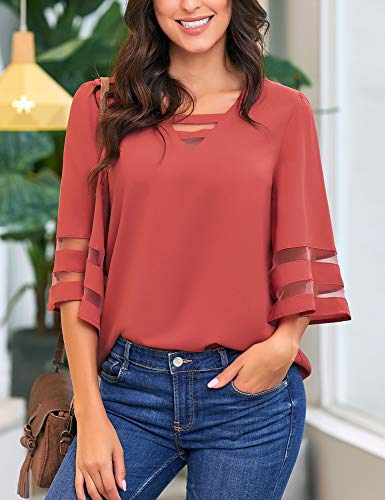 LookbookStore Women's Casual Summer Strappy Vneck Mesh Panel 3/4 Bell Sleeve Loose Shirt Top Blouses Tea Rose Size Large - Image 3