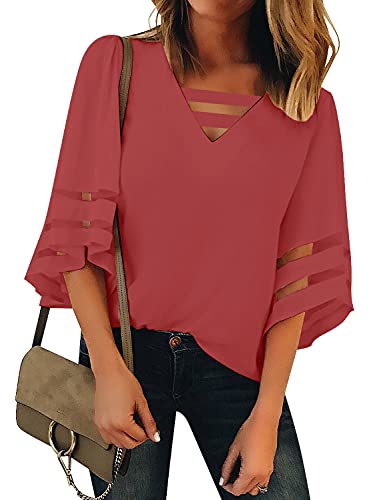 LookbookStore Women's Casual Summer Strappy Vneck Mesh Panel 3/4 Bell Sleeve Loose Shirt Top Blouses Tea Rose Size Large - Image 1