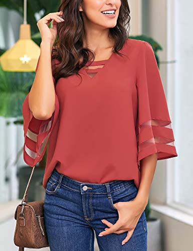LookbookStore Women's Casual Summer Strappy Vneck Mesh Panel 3/4 Bell Sleeve Loose Shirt Top Blouses Tea Rose Size Large - Image 4