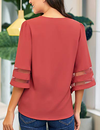 LookbookStore Women's Casual Summer Strappy Vneck Mesh Panel 3/4 Bell Sleeve Loose Shirt Top Blouses Tea Rose Size Large - Image 5