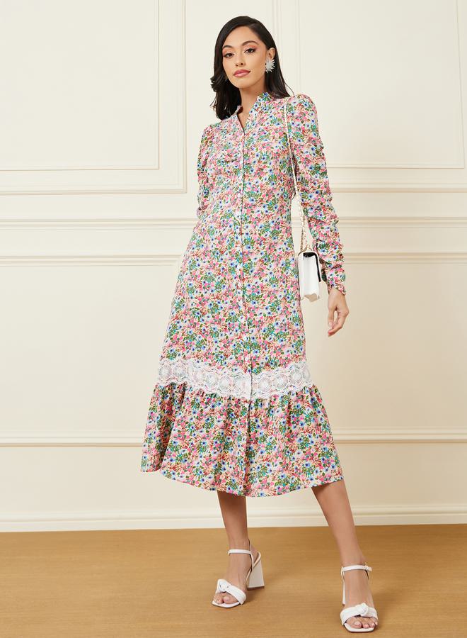 Styli Styli Lace Insert Floral Print A-Line Midi Dress  - Image 1
