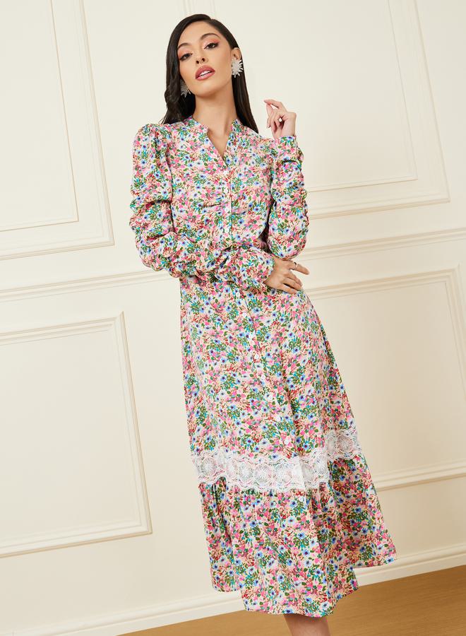 Styli Styli Lace Insert Floral Print A-Line Midi Dress  - Image 2