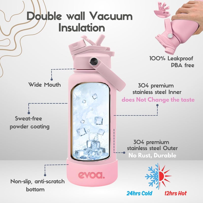 Oceanic evoa. 1000ml Premium Insulated Double Wall Stainless Steel Water Bottle, 2-in-1 Lid with Straw & Spout, Leak-Proof, Keeps Drinks Cold or Hot, 32oz Water Bottle for Gym, Outdoor (Blush Pink) - Image 3