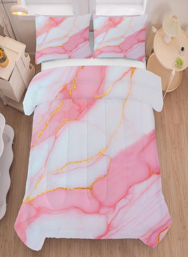 FUYEUN Pink Marble Bedding Set : Twin Size Gold Glitter Chic Comforter Set for Girls Teens Women Pastel Rock Texture Luxury Quilt 1 Comforter + 1 Pillow Case - Image 1