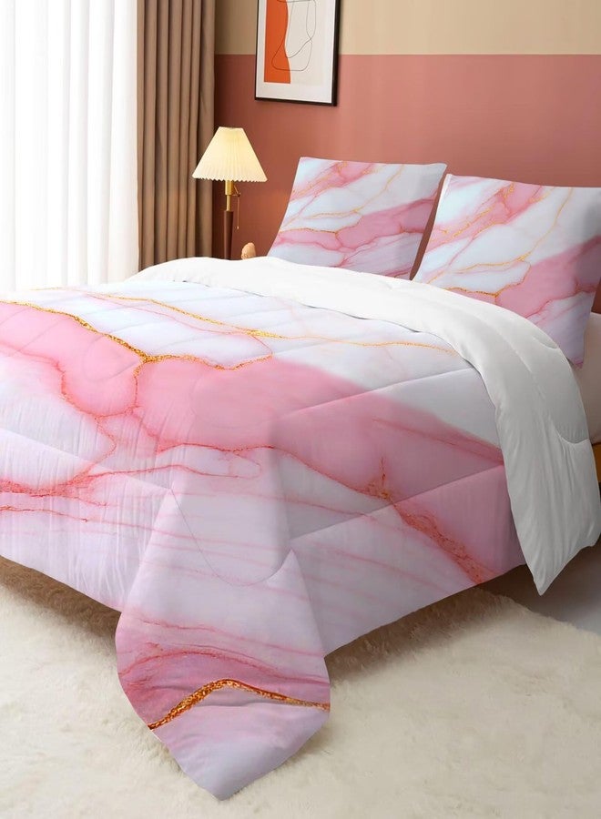 FUYEUN Pink Marble Bedding Set : Twin Size Gold Glitter Chic Comforter Set for Girls Teens Women Pastel Rock Texture Luxury Quilt 1 Comforter + 1 Pillow Case - Image 2