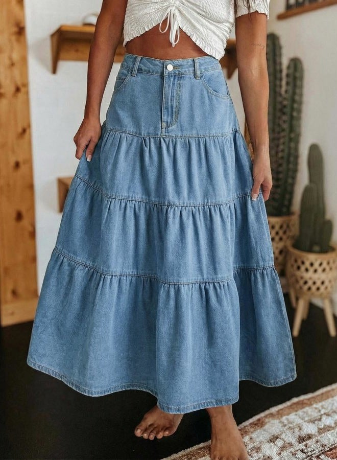 EMMIOL Long Denim Skirt for Women - Mid High Waisted A-Line Jean Maxi Skirts Dark Wash Tiered Swing Jean Skirt with Pockets, Light Blue, M - Image 2