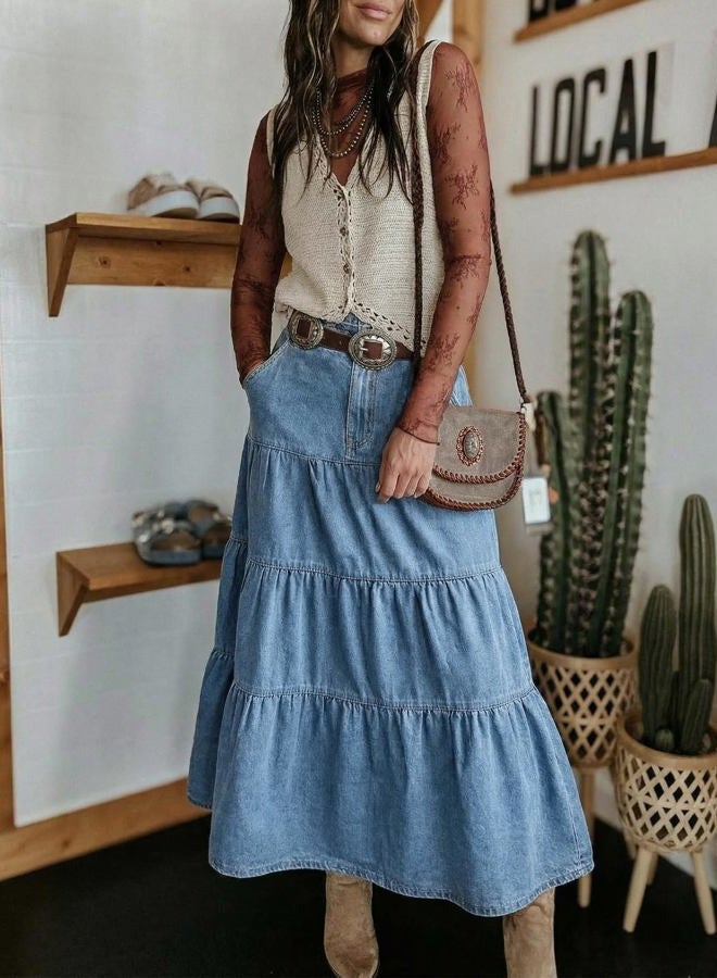 EMMIOL Long Denim Skirt for Women - Mid High Waisted A-Line Jean Maxi Skirts Dark Wash Tiered Swing Jean Skirt with Pockets, Light Blue, M - Image 4