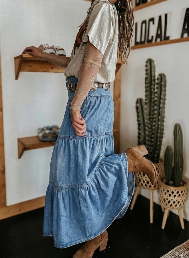 EMMIOL Long Denim Skirt for Women - Mid High Waisted A-Line Jean Maxi Skirts Dark Wash Tiered Swing Jean Skirt with Pockets, Light Blue, M - Image 5