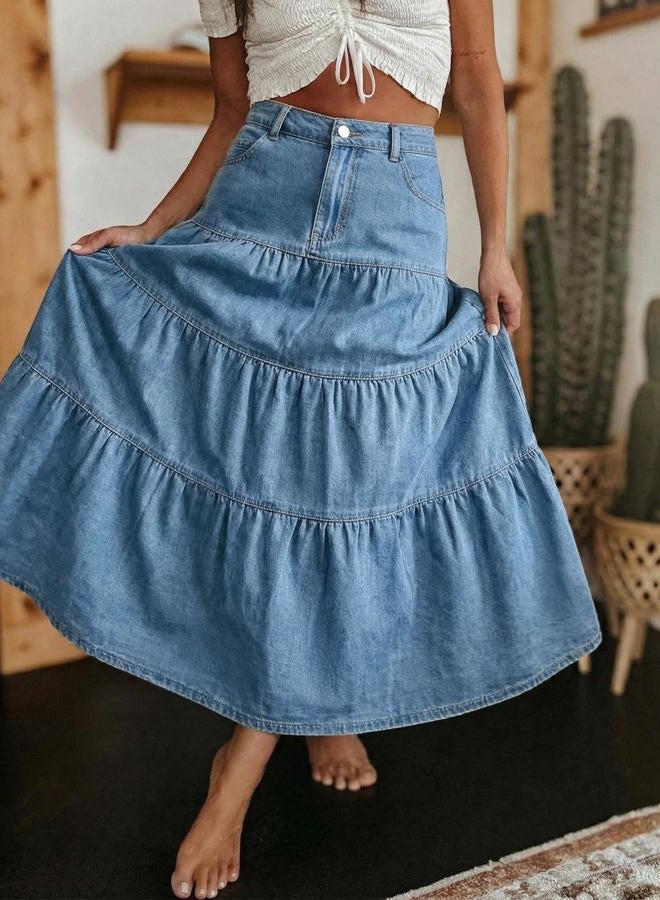 EMMIOL Long Denim Skirt for Women - Mid High Waisted A-Line Jean Maxi Skirts Dark Wash Tiered Swing Jean Skirt with Pockets, Light Blue, M - Image 3