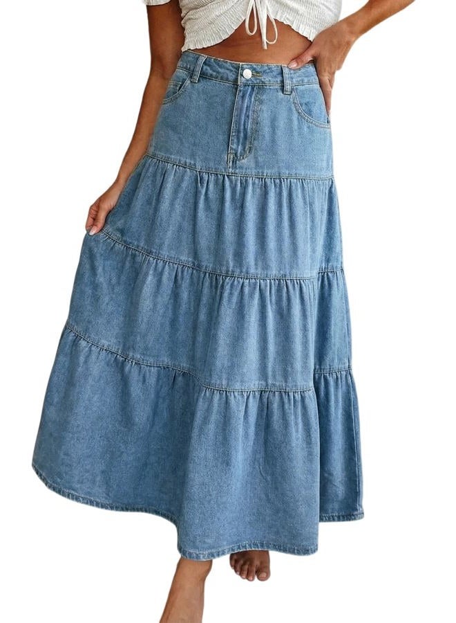 EMMIOL Long Denim Skirt for Women - Mid High Waisted A-Line Jean Maxi Skirts Dark Wash Tiered Swing Jean Skirt with Pockets, Light Blue, M - Image 1
