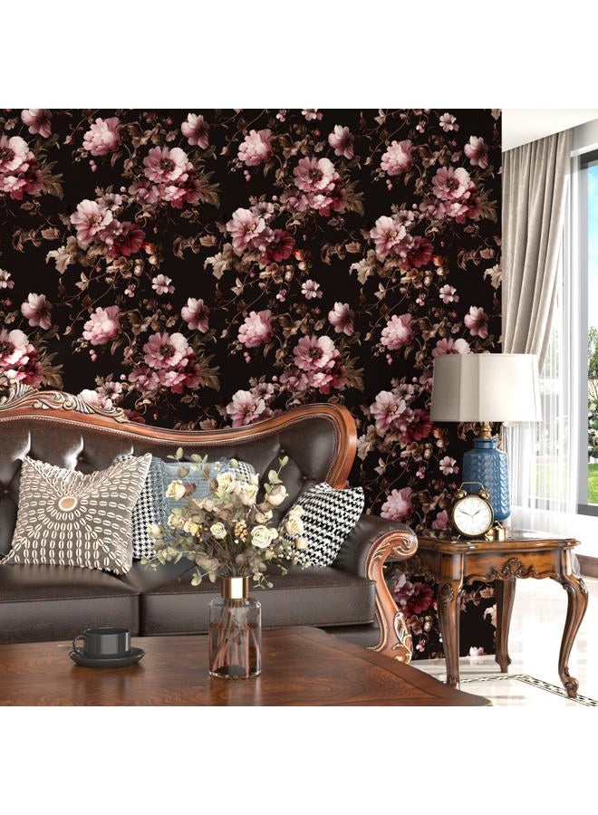 Laatse Black Floral Wallpaper Peel and Stick Pink Peony Vintage Flowers with Dark Brown Leaf Vinyl Self Adhesive Removable Contact Paper Wall Mural for Bedroom Walls Living Room Cabinets Decor 17.5" x 118" - Image 3