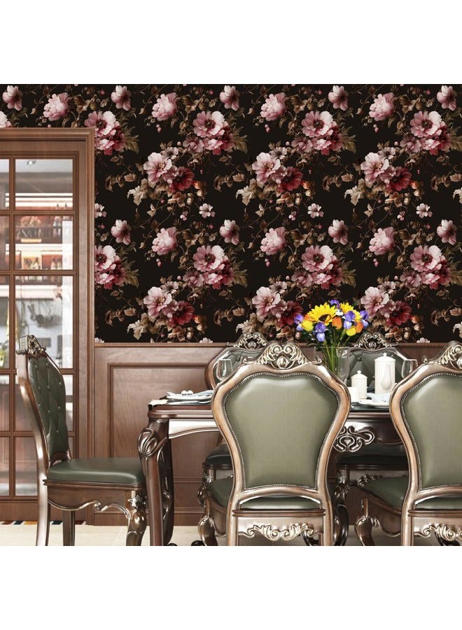 Laatse Black Floral Wallpaper Peel and Stick Pink Peony Vintage Flowers with Dark Brown Leaf Vinyl Self Adhesive Removable Contact Paper Wall Mural for Bedroom Walls Living Room Cabinets Decor 17.5" x 118" - Image 2
