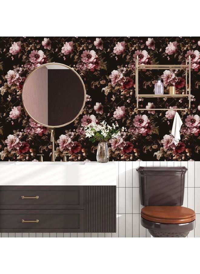 Laatse Black Floral Wallpaper Peel and Stick Pink Peony Vintage Flowers with Dark Brown Leaf Vinyl Self Adhesive Removable Contact Paper Wall Mural for Bedroom Walls Living Room Cabinets Decor 17.5" x 118" - Image 5