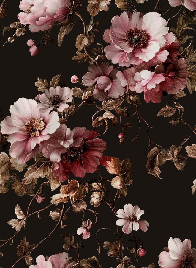 Laatse Black Floral Wallpaper Peel and Stick Pink Peony Vintage Flowers with Dark Brown Leaf Vinyl Self Adhesive Removable Contact Paper Wall Mural for Bedroom Walls Living Room Cabinets Decor 17.5" x 118" - Image 1