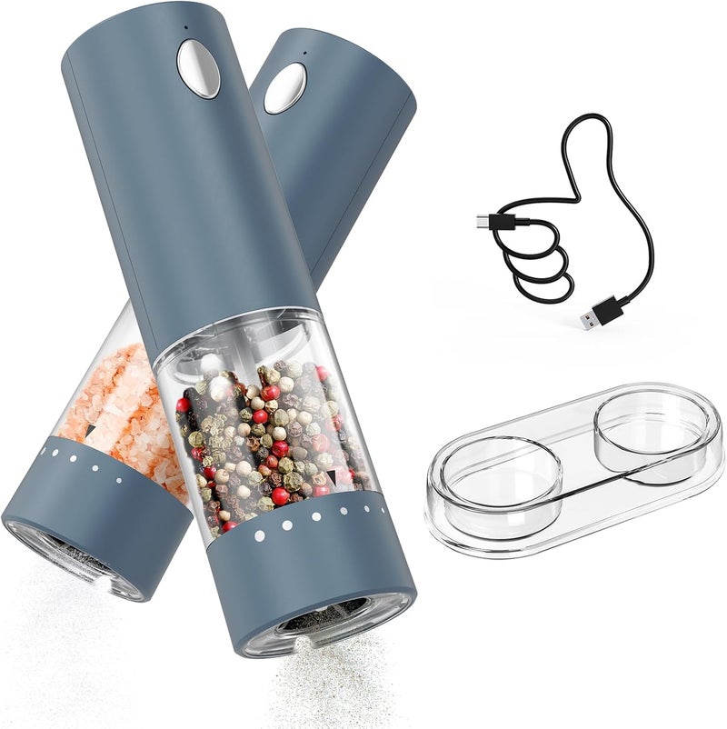 CircleJoy Electric Salt and Pepper Grinder Set Rechargeable Salt and Pepper Mills with Storage Base, Adjustable Coarseness and LED White Light, Washable 95ml Container, Blue - Image 1