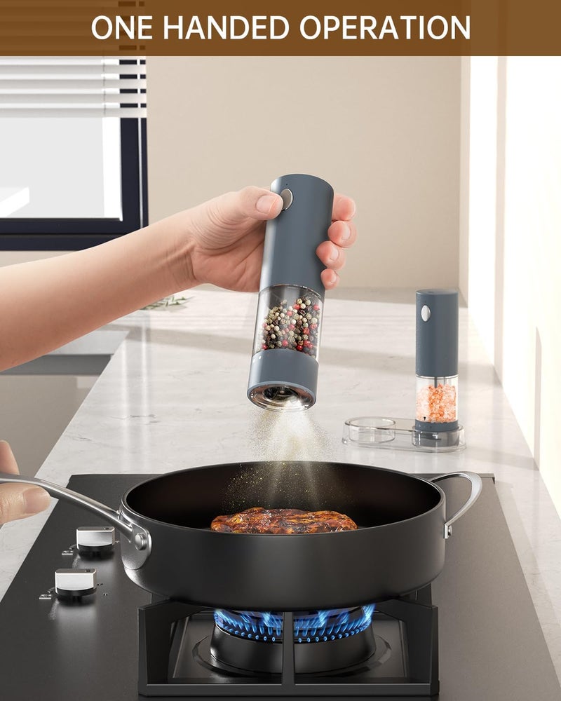 CircleJoy Electric Salt and Pepper Grinder Set Rechargeable Salt and Pepper Mills with Storage Base, Adjustable Coarseness and LED White Light, Washable 95ml Container, Blue - Image 4