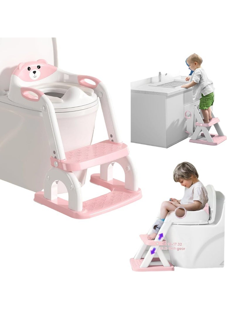 DUNISO مقعد تدريب الحمام مع سلم، مقعد تدريب الحمام القابل للتعديل مع خطوات، مقعد تواليت للأطفال مع خطوة ودواسة وحماية من الرش ووسادة PVC مقاومة للماء، مضاد للانزلاق، خفيف الوزن، للأولاد والبنات - Image 1