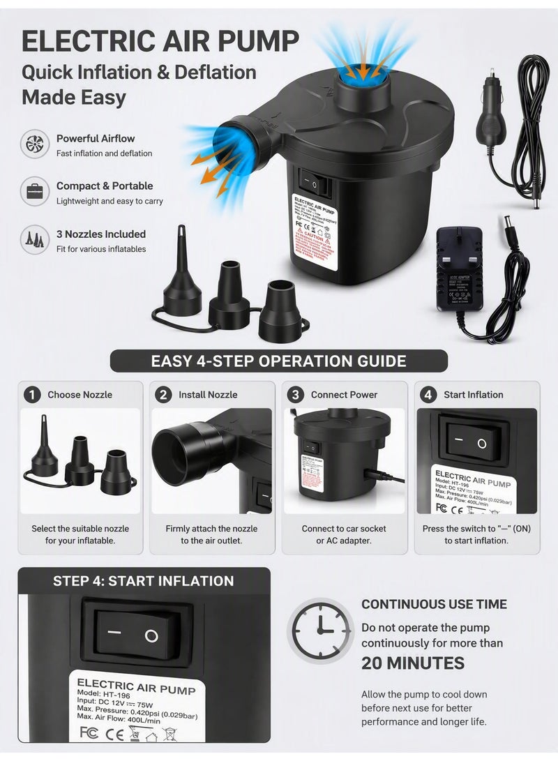 Portable Electric Air Pump AC 220V DC 12V Dual Power Inflator Deflator Pump with 3 Nozzles for Air Mattress, Swimming Ring, Pool Floats, Inflatable Party Arch, Camping - Image 2
