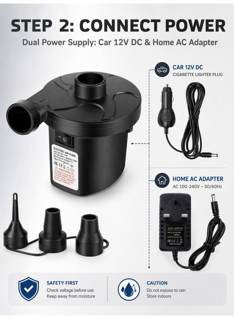 Portable Electric Air Pump AC 220V DC 12V Dual Power Inflator Deflator Pump with 3 Nozzles for Air Mattress, Swimming Ring, Pool Floats, Inflatable Party Arch, Camping - Image 3