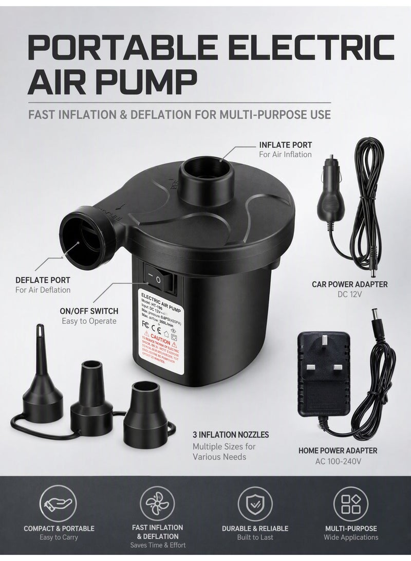 Portable Electric Air Pump AC 220V DC 12V Dual Power Inflator Deflator Pump with 3 Nozzles for Air Mattress, Swimming Ring, Pool Floats, Inflatable Party Arch, Camping - Image 1