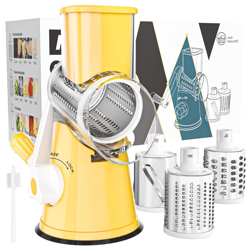 Cambom Rotary Cheese Grater Hand Crank Cheese Shredder for Fresh Cheese, Vegetable, Nuts,Non-slip Suction Base, Free Cleaning Brush Three Blades,Yellow - Image 1