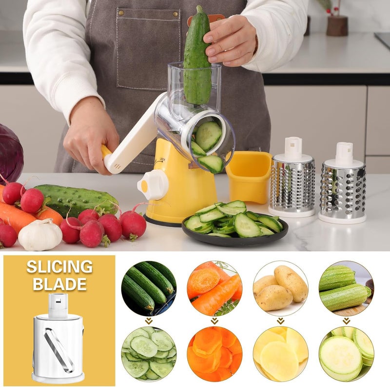 Cambom Rotary Cheese Grater Hand Crank Cheese Shredder for Fresh Cheese, Vegetable, Nuts,Non-slip Suction Base, Free Cleaning Brush Three Blades,Yellow - Image 3