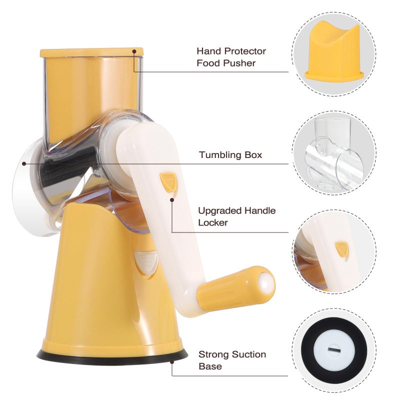Cambom Rotary Cheese Grater Hand Crank Cheese Shredder for Fresh Cheese, Vegetable, Nuts,Non-slip Suction Base, Free Cleaning Brush Three Blades,Yellow - Image 5
