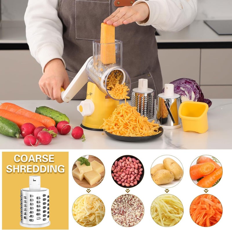 Cambom Rotary Cheese Grater Hand Crank Cheese Shredder for Fresh Cheese, Vegetable, Nuts,Non-slip Suction Base, Free Cleaning Brush Three Blades,Yellow - Image 2