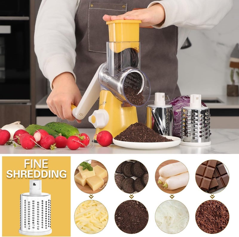 Cambom Rotary Cheese Grater Hand Crank Cheese Shredder for Fresh Cheese, Vegetable, Nuts,Non-slip Suction Base, Free Cleaning Brush Three Blades,Yellow - Image 4