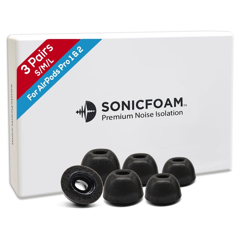SONICFOAM (SFAir-1-2 Pro Small/Medium/Large Black) Memory Foam Earbud Tips - Compatible with AirPods Pro 1st & 2nd Gen - (6 Pack / 3 Pairs) - Image 1