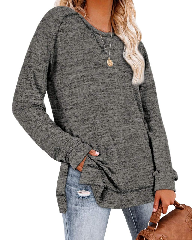 Aokosor Shirts for Women 2025 Casual Sweaters Split Hem Long Torso Fall Tunic Sweatshirt Workout Dark Grey L - Image 2