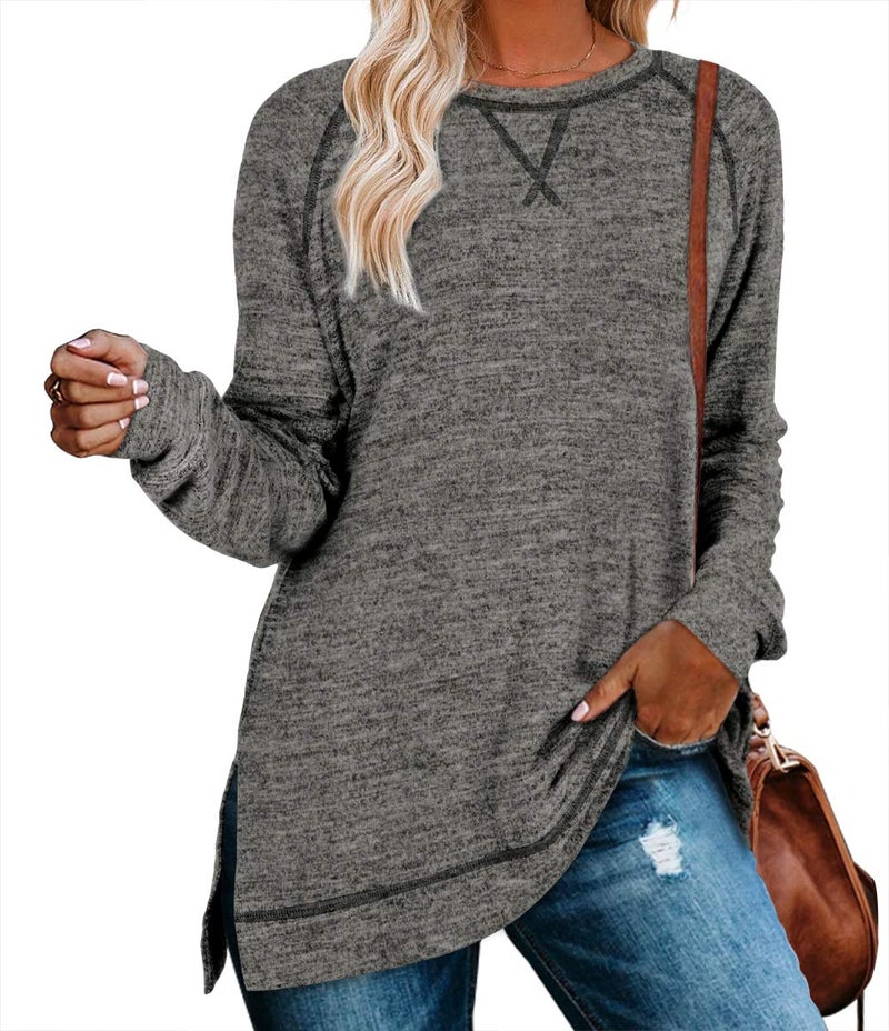 Aokosor Shirts for Women 2025 Casual Sweaters Split Hem Long Torso Fall Tunic Sweatshirt Workout Dark Grey L - Image 1