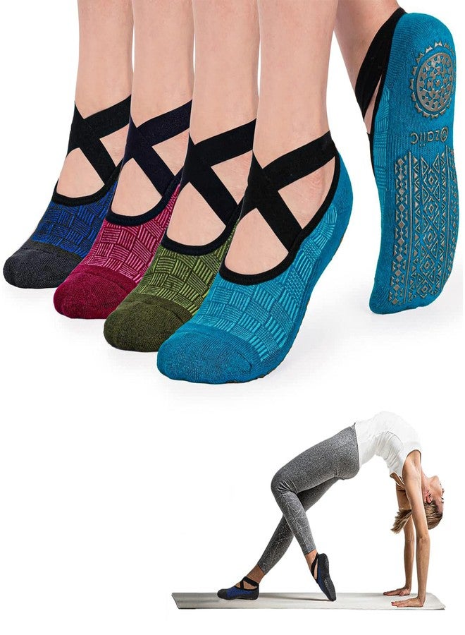 Ozaiic Non Slip Socks for Yoga Pilates Barre Fitness Hospital Socks for Women (4 Pairs -Green/Blue/Cyan/Red) - Image 1
