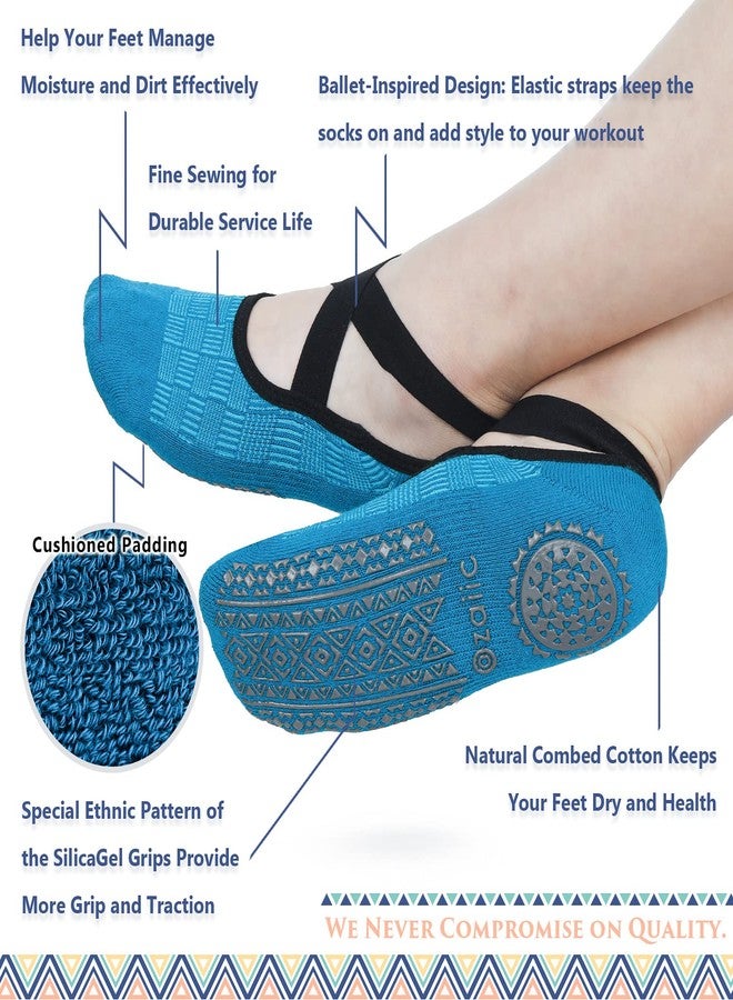 Ozaiic Non Slip Socks for Yoga Pilates Barre Fitness Hospital Socks for Women (4 Pairs -Green/Blue/Cyan/Red) - Image 2