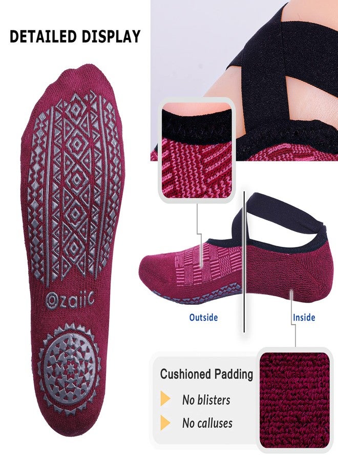 Ozaiic Non Slip Socks for Yoga Pilates Barre Fitness Hospital Socks for Women (4 Pairs -Green/Blue/Cyan/Red) - Image 4