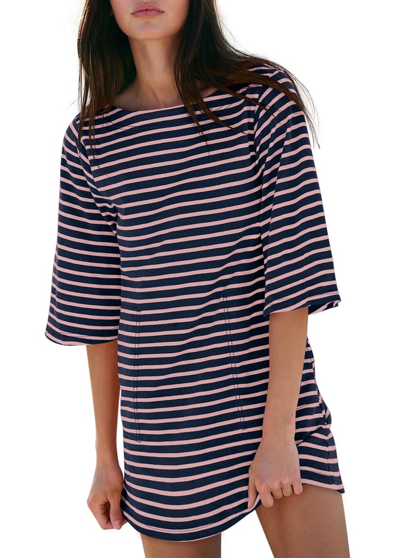 Yousify Pink and Navy Striped Dress with Pockets Short Sleeve Tee Shirt Dresses for Women 2026 Mini Cotton Dress - Image 1