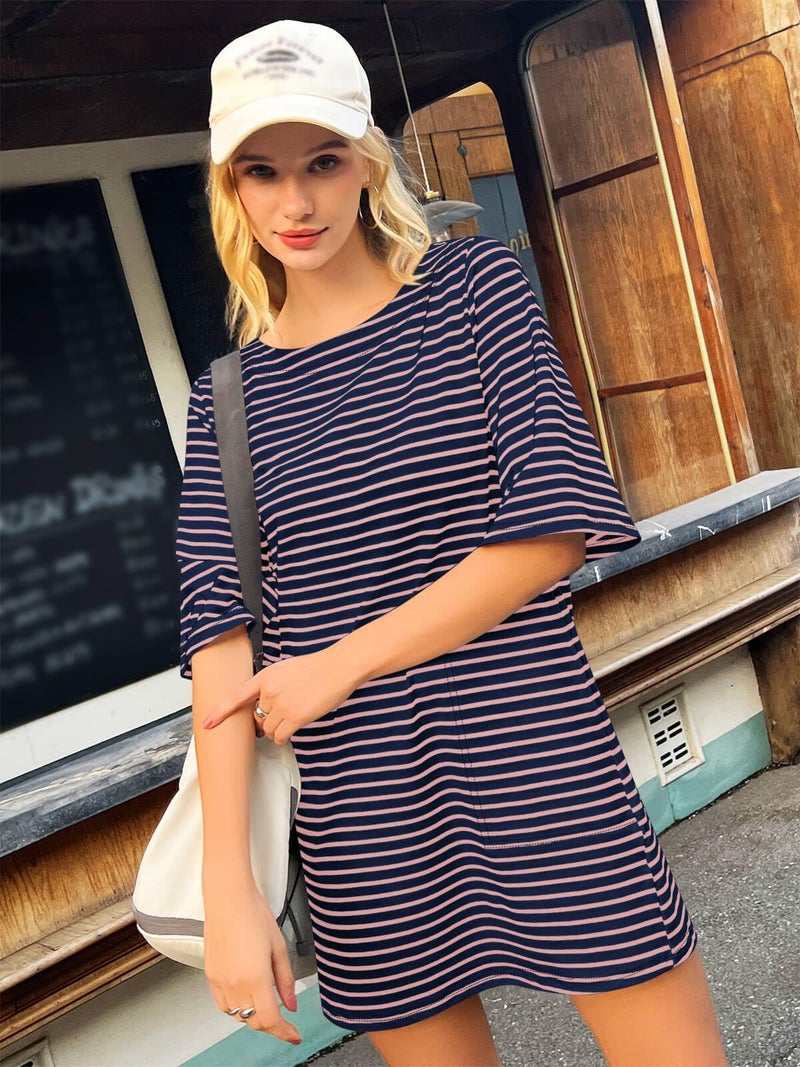 Yousify Pink and Navy Striped Dress with Pockets Short Sleeve Tee Shirt Dresses for Women 2026 Mini Cotton Dress - Image 3