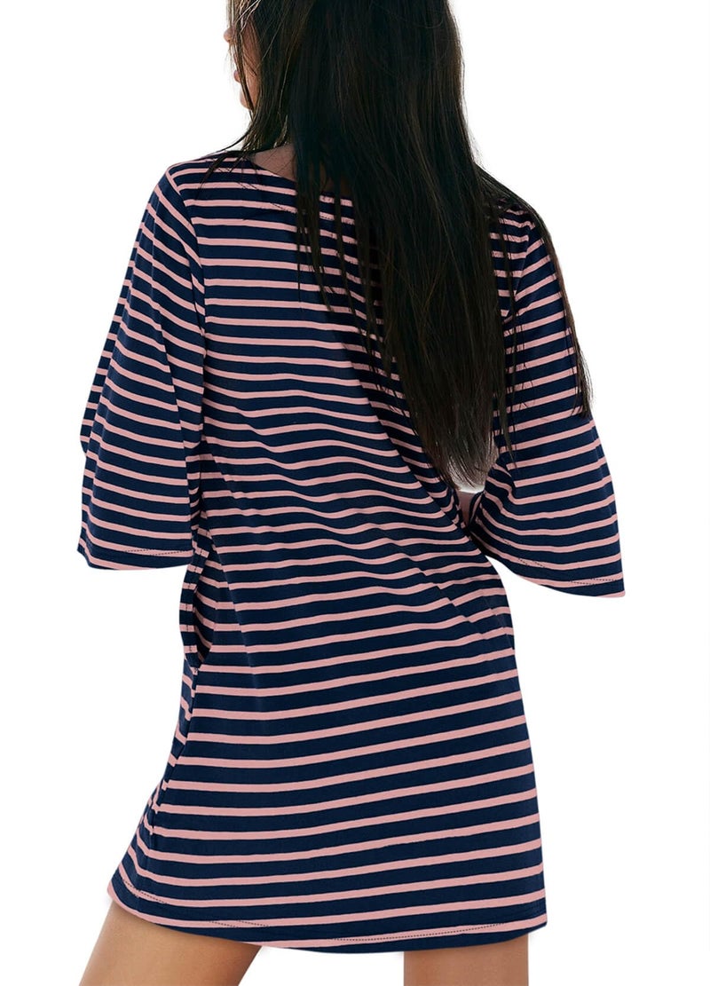 Yousify Pink and Navy Striped Dress with Pockets Short Sleeve Tee Shirt Dresses for Women 2026 Mini Cotton Dress - Image 4