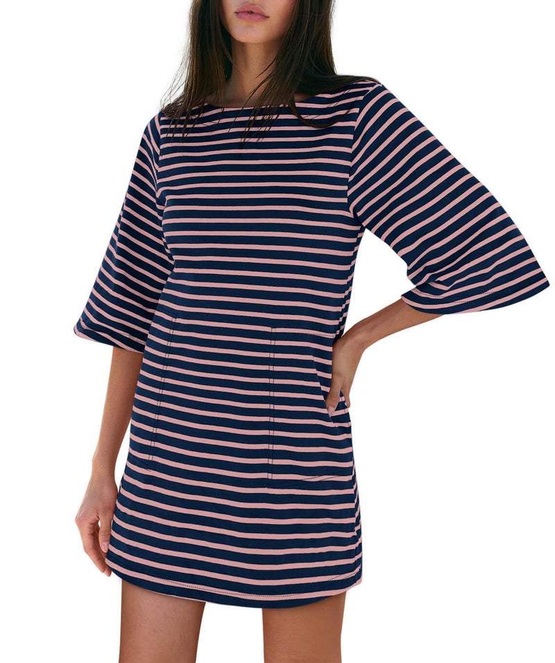 Yousify Pink and Navy Striped Dress with Pockets Short Sleeve Tee Shirt Dresses for Women 2026 Mini Cotton Dress - Image 2