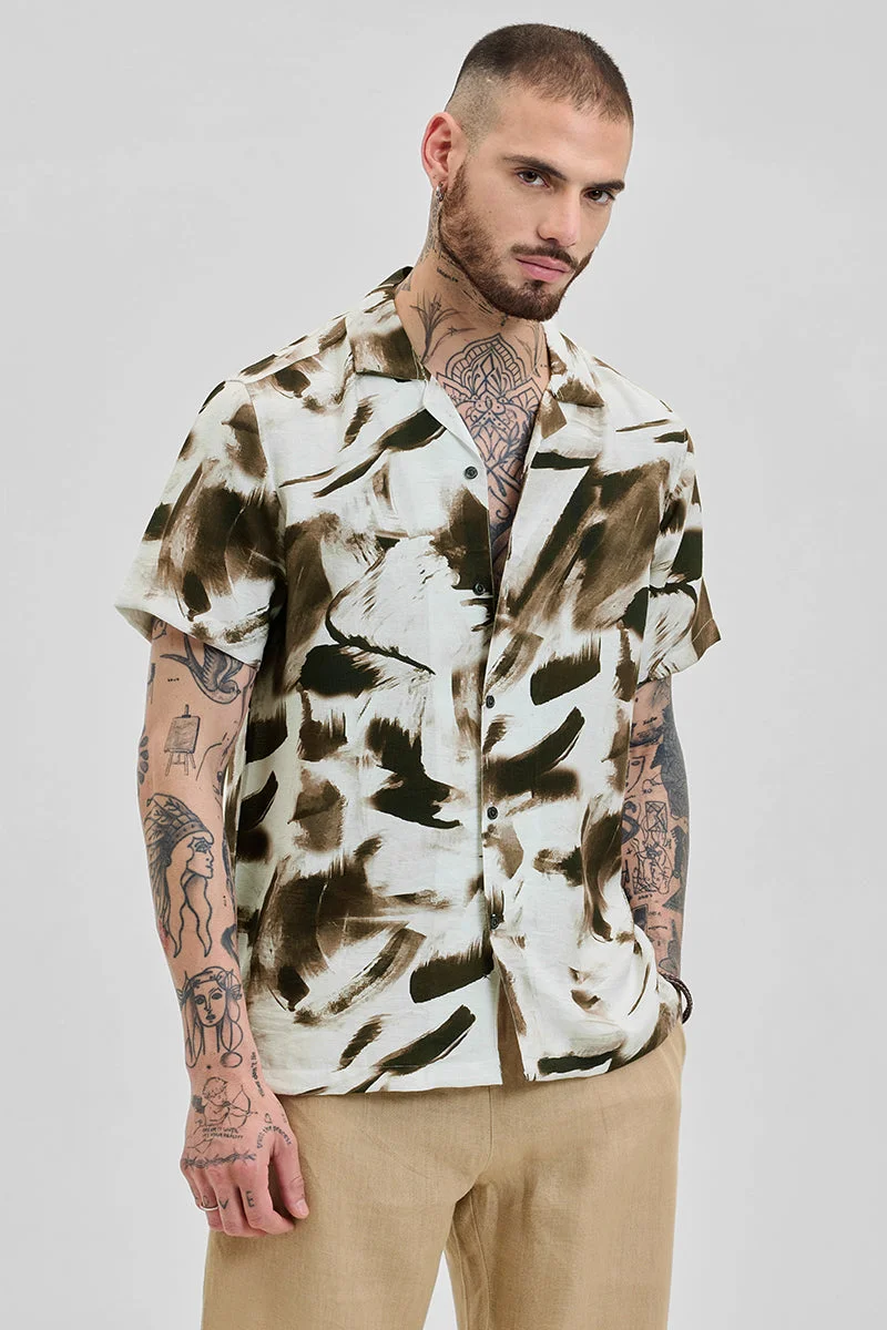 SNITCH Light Cream Abstract Half Sleeve Boxy Casual Shirt