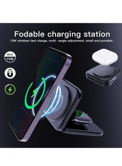 Generic Foldable 3 in 1 Wireless Charger Compatible with MagSafe Apple iPhone 15 14 13 12 Watch AirPods Lightweight Portable Strong Magnetic Attraction Suitable for Outdoor Offices  Black  - Image 3