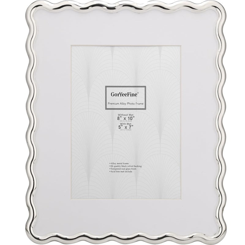 GorYeeFine Silver 8x10'' Heavy-Duty Zinc Alloy Photo Frames with Acid Free Mat for 5x7'',Wave Design Silver Picture Frame 8x10'' with Black Velvet Backing,for Desktop and Wall Hanging - Image 1