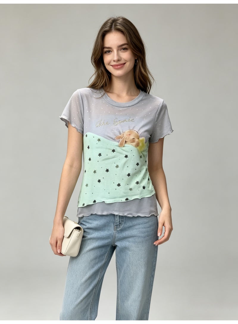 زارا ZARA Women’s Color Block Star & Sleeping Bunny Print Short Sleeve Crew Neck T-Shirt - Image 5