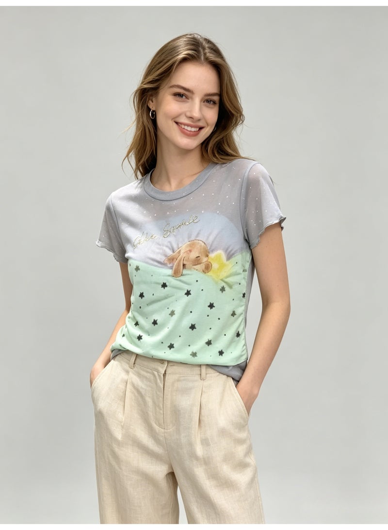 زارا ZARA Women’s Color Block Star & Sleeping Bunny Print Short Sleeve Crew Neck T-Shirt - Image 2