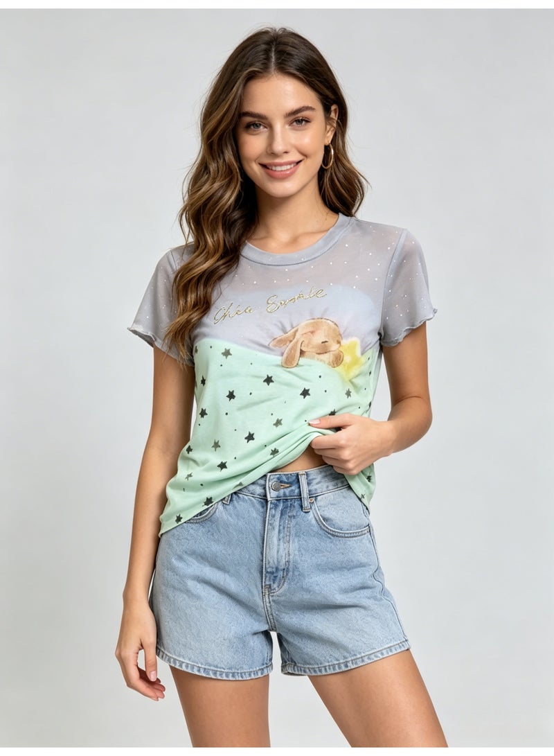 زارا ZARA Women’s Color Block Star & Sleeping Bunny Print Short Sleeve Crew Neck T-Shirt - Image 1